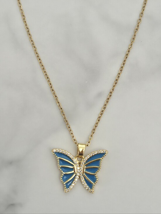 Jewelry - Gold Blue Enamel Butterfly Pendant Necklace Dainty Womens Jewelry